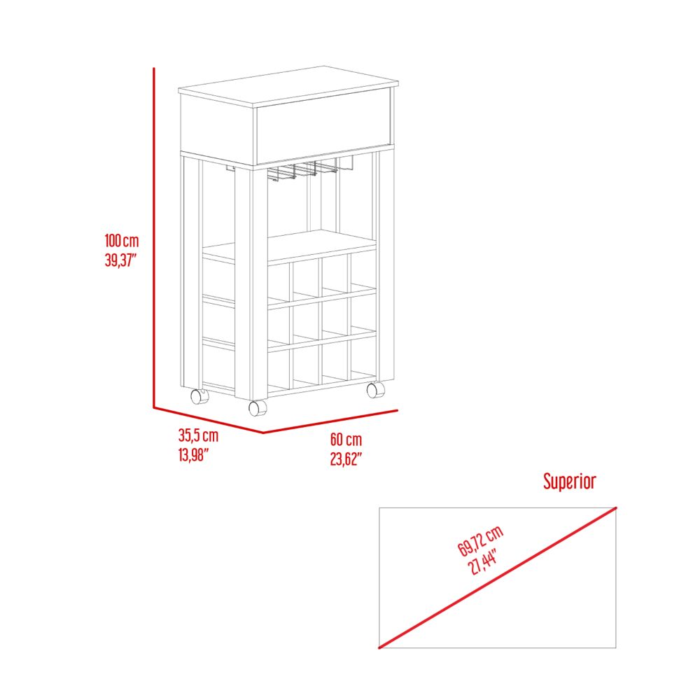 Memphis Bar Cart, Twelve Built-in Wine Rack, Four Legs, One Open Shelf -Light Gray